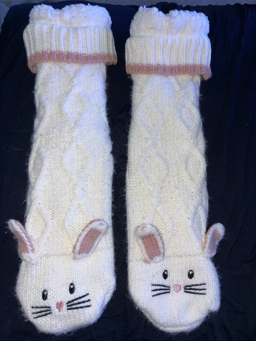 Cream Knit Cat Face Pet Socks with Bunny Ears